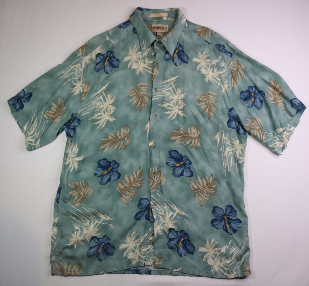 Vintage Campia Moda Hawaiian Shirt Large Green Rayon Hibiscus Palm Tree Floral
